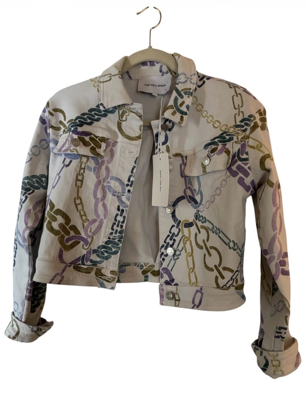 NWT The Noli Shop chain print denim crop jean jacket.  Sz S
